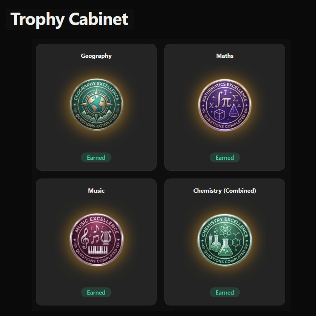 Trophy Cabinet — earn badges for every subject